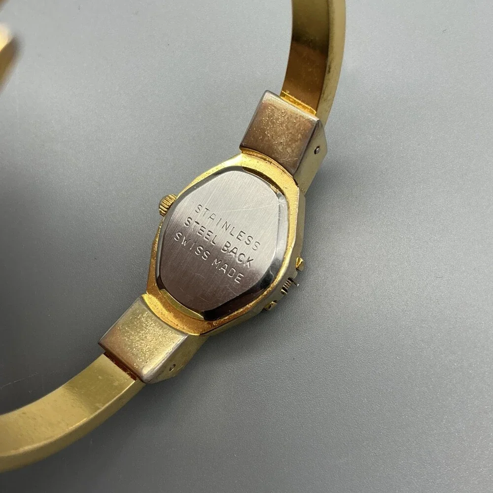Vintage Swiss Womens Watch 14mm Gold Tone Enamel Floral Bangle New Battery